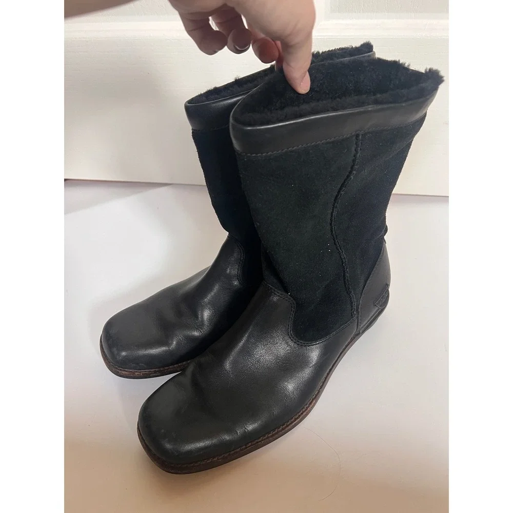 UGG Australia Ultimate Cuff Black Leather Suede Shearling Boots 5592 Womens 9